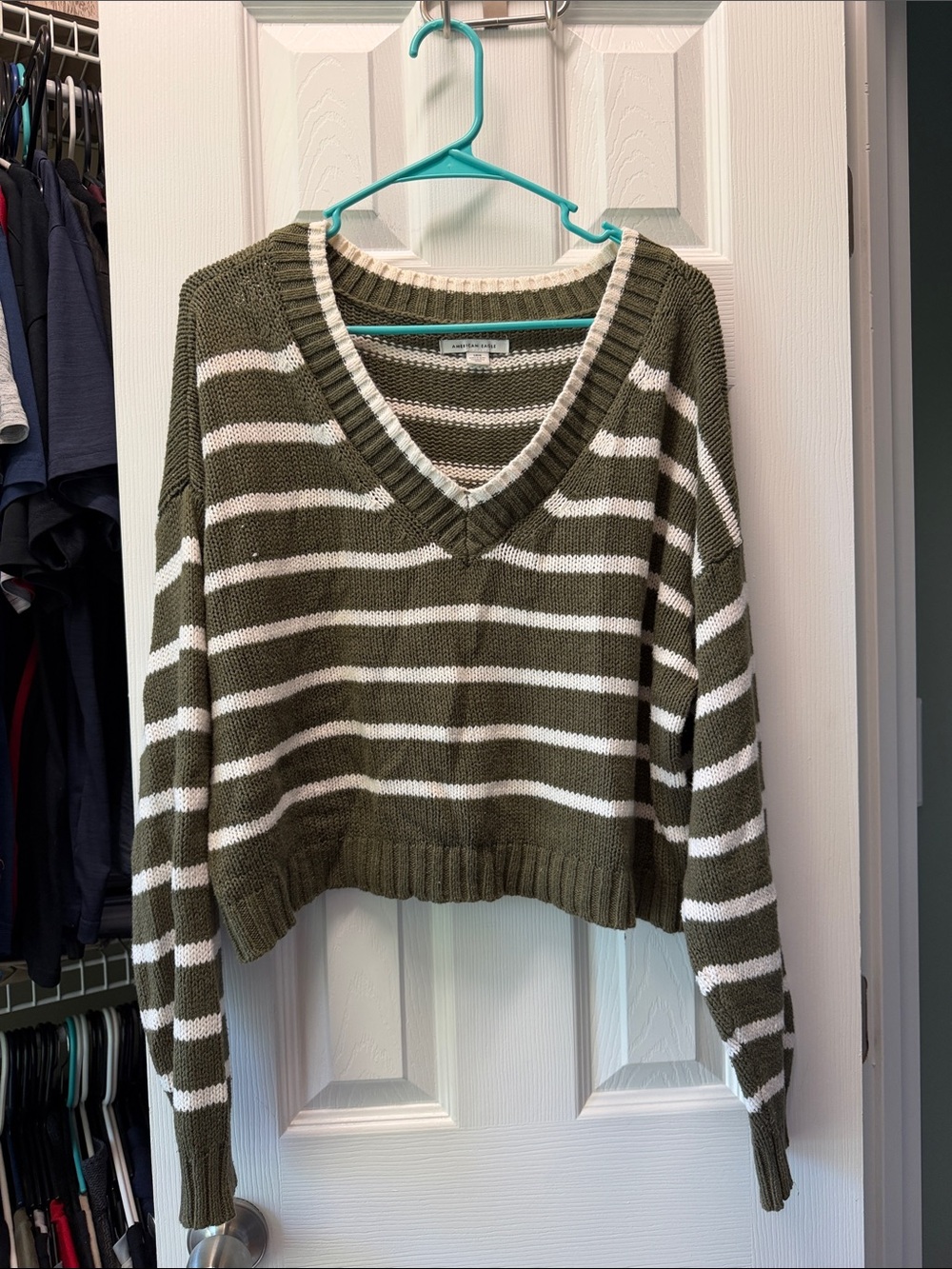 American Eagle Outfitters Olive & White Striped V-Neck Sweater